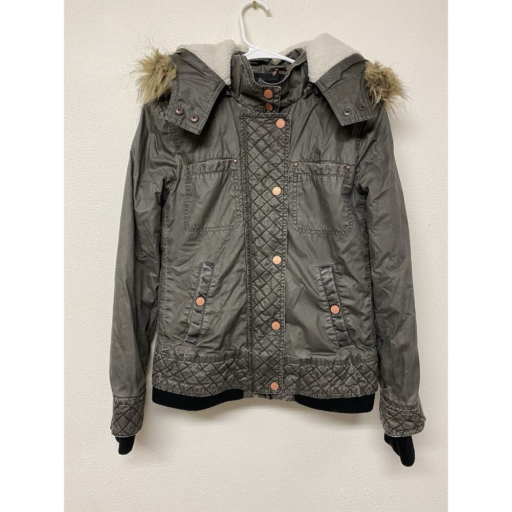 Express Womens Fur Lined Hooded Jacket Gray Motorcycle Coat Size XS